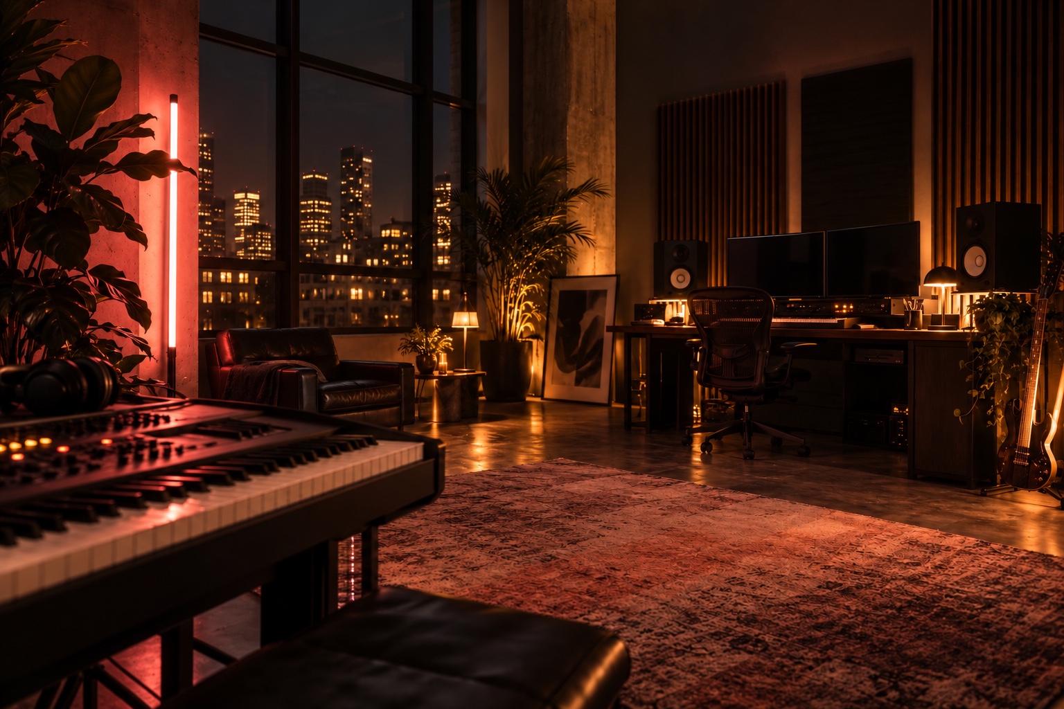 Creative studio concept with warm amber lighting and city windows