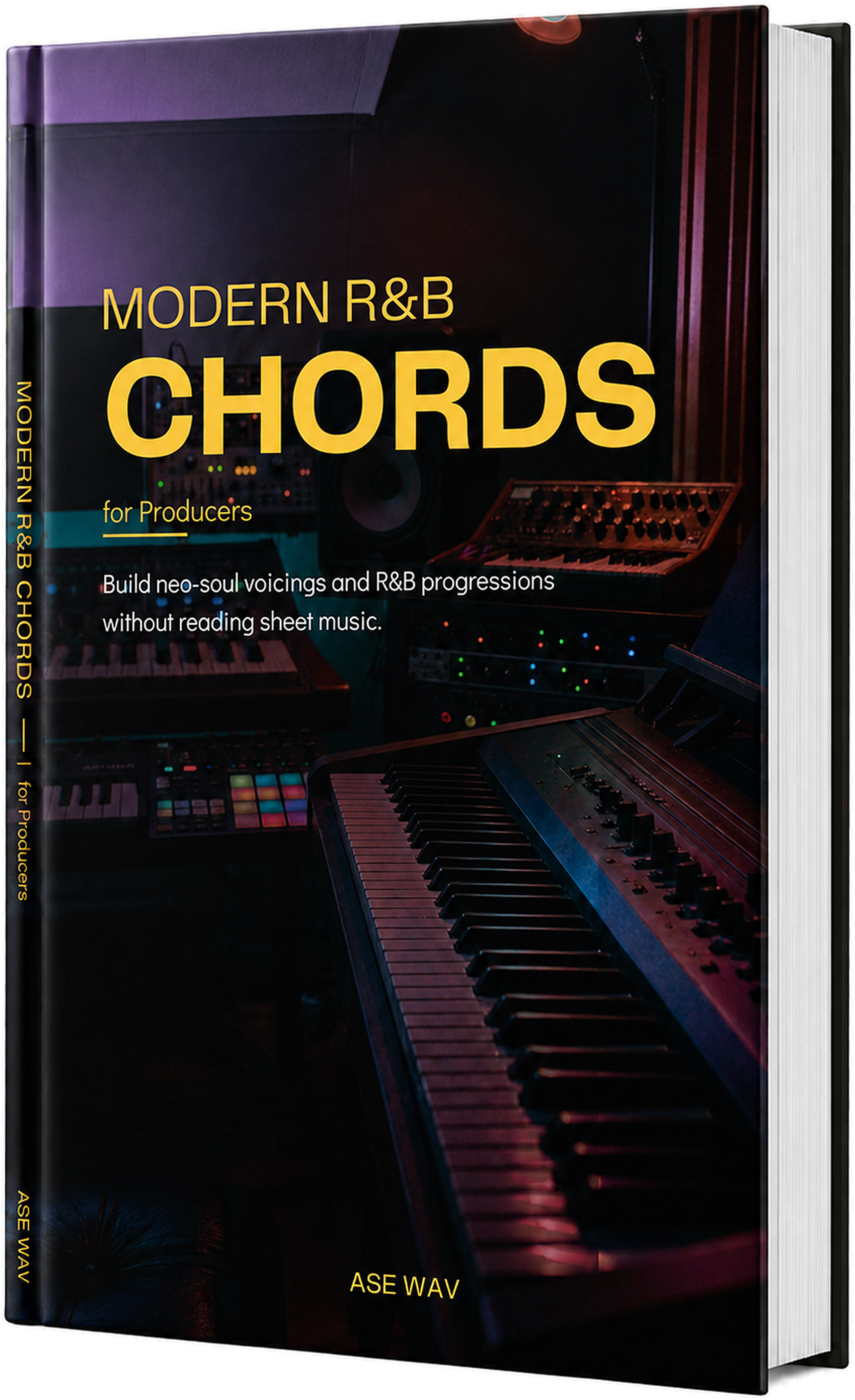 Modern R&B Chords for Producers book displayed in a recording studio