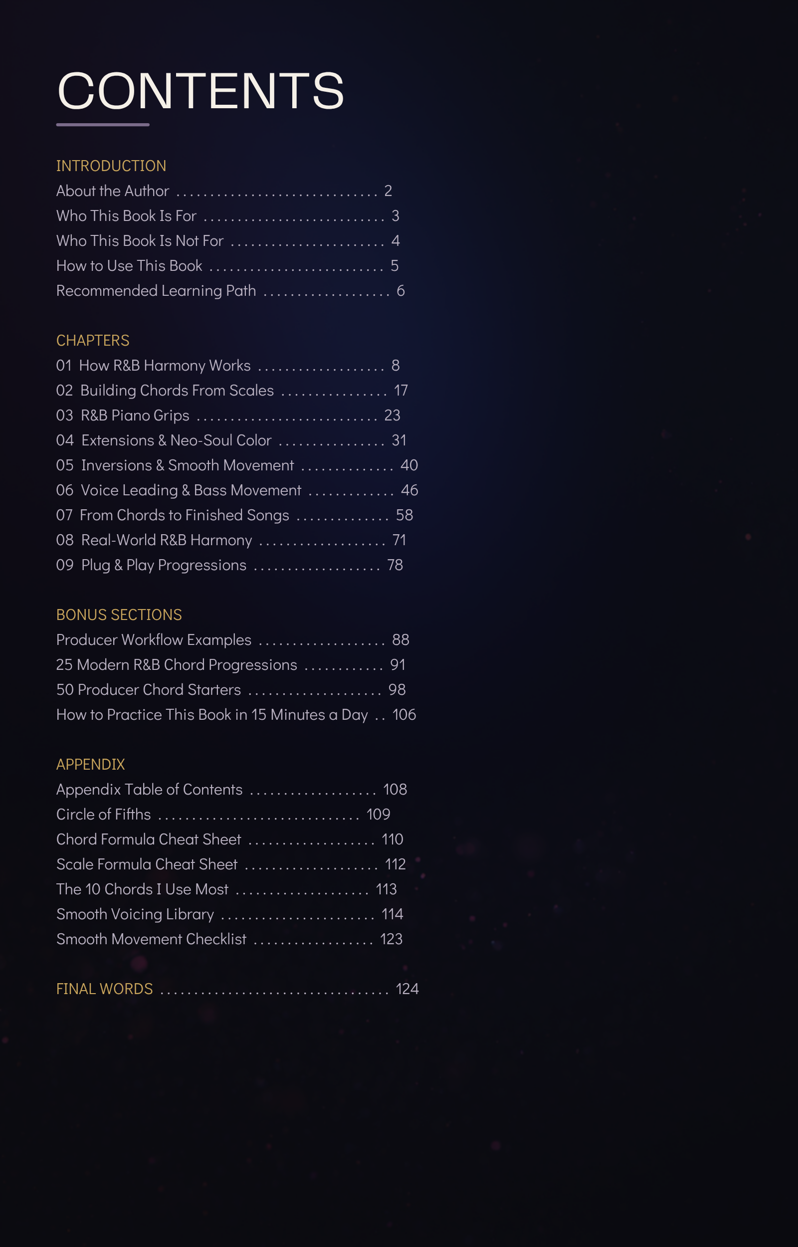 Contents page showing the chapters, bonuses, and appendices