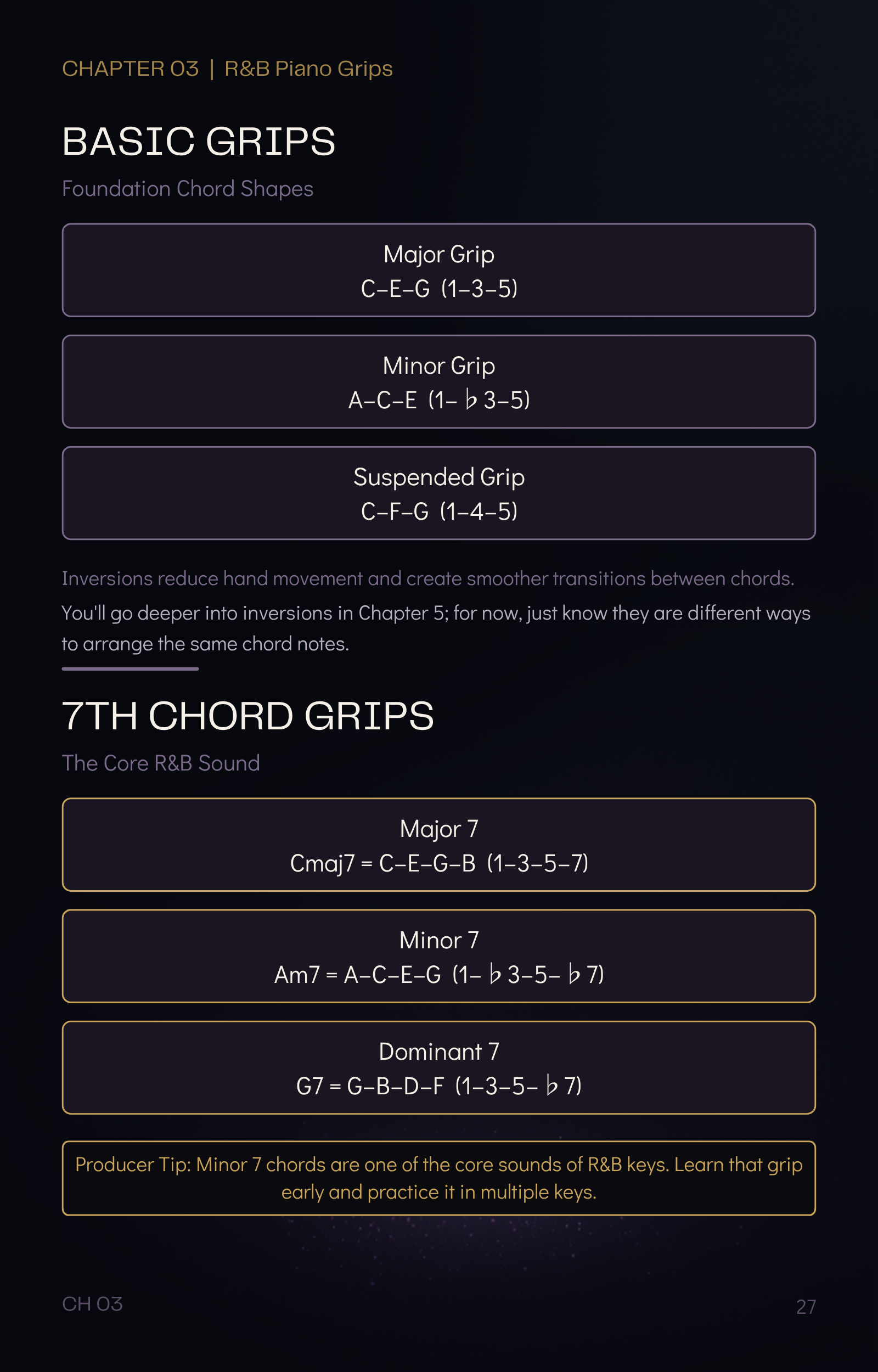 Basic and seventh chord piano grips